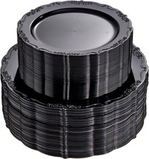 100PCS Heavy Duty Black Plastic Plates 10in 7.5in for Wedding Bridal Shower