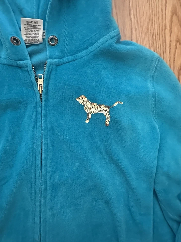 Victoria’s Secret Pink Vintage Blue Velour Sequin Gold Bling Hoodie S - Image 4 of 4