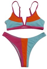 Zaful Women's V-Wired Bikini Size 6 Pink Blue Colorblock Ribbed 2 Piece Swimwear