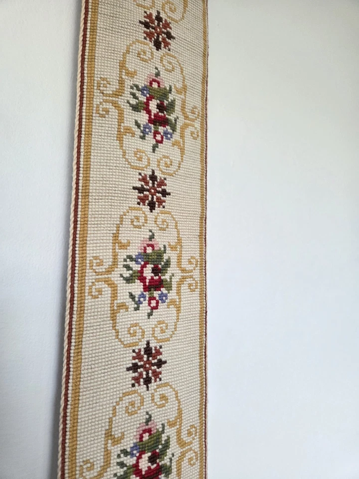 Vintage Tapestry Stitch Floral Embroidered Bell Pull Brass Wall Hanging Antique - Image 3 of 4