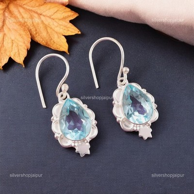 925 Silver Sky Blue Topaz Gemstone Birthday Drop Halloween Good Luck Earrings