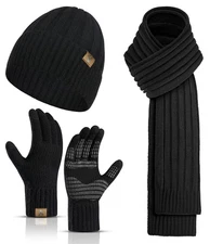 Winter Scarf for Men with Beanie Hat and Touchscreen Gloves Set Warm Cap Flee...