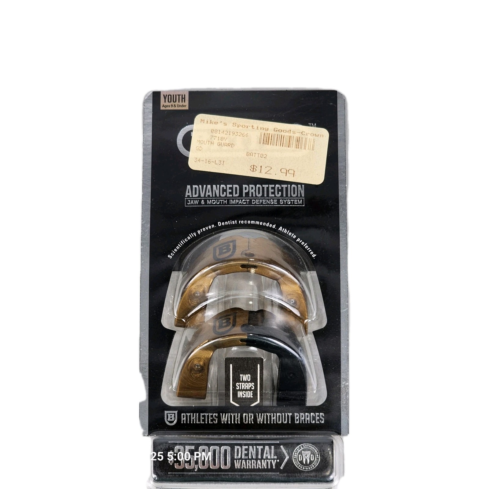 Battle Mouthguard Youth 9U Ever Mold Composite 2 Pack Clip Straps Gold Black New