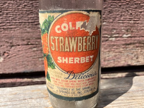 VINTAGE COLFAX IOWA MINERALQUELLEN ERDBEERSHERBET SODAFLASCHE PAPIERETIKETT - Bild 2 von 2