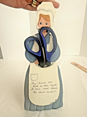 Vintage Hand painted Folk Art Wooden Doll Scissor Sissor Holder Cottage Core