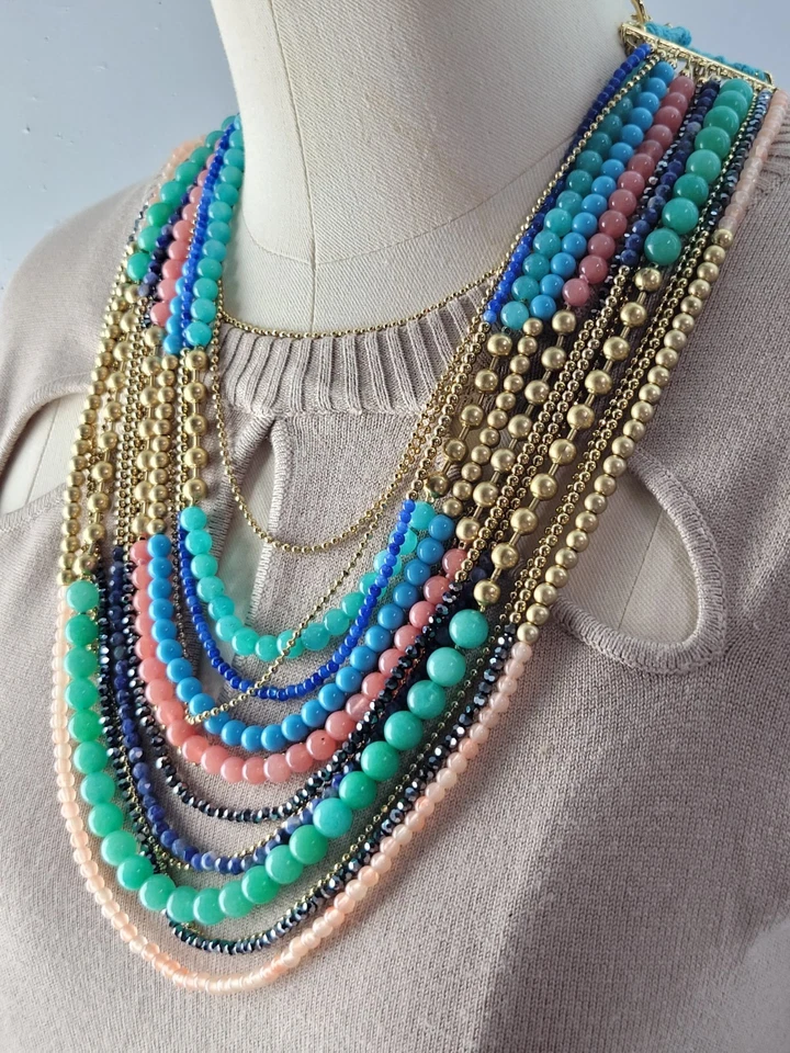 Collar Babero Cascada Multi Hilo Cuentas Vidrio Colorido Firmado Stella & Dot 22" Foto 4 de 4