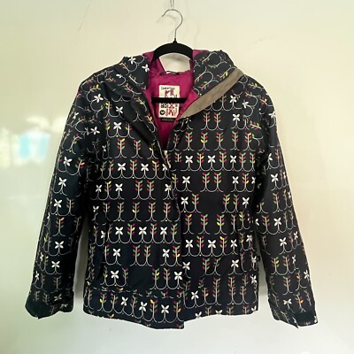 Roxy Girl Ski Coat Sz L Black Floral Hooded Jacket Polyester