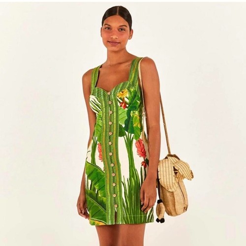 FARM RIO Fresh Forest Scarf Sweetheart-Neck Minidress | Medium