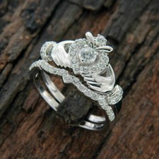 0.7Ct Round Cut CZ Heart Shape Engagement Ring  Band Set in 925 Sterling Silver