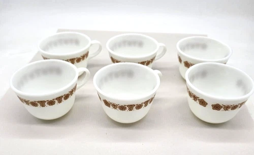 Set of 6 Vintage Corelle Corning Gold Butterfly Coffee Tea Cups 'C' Handles