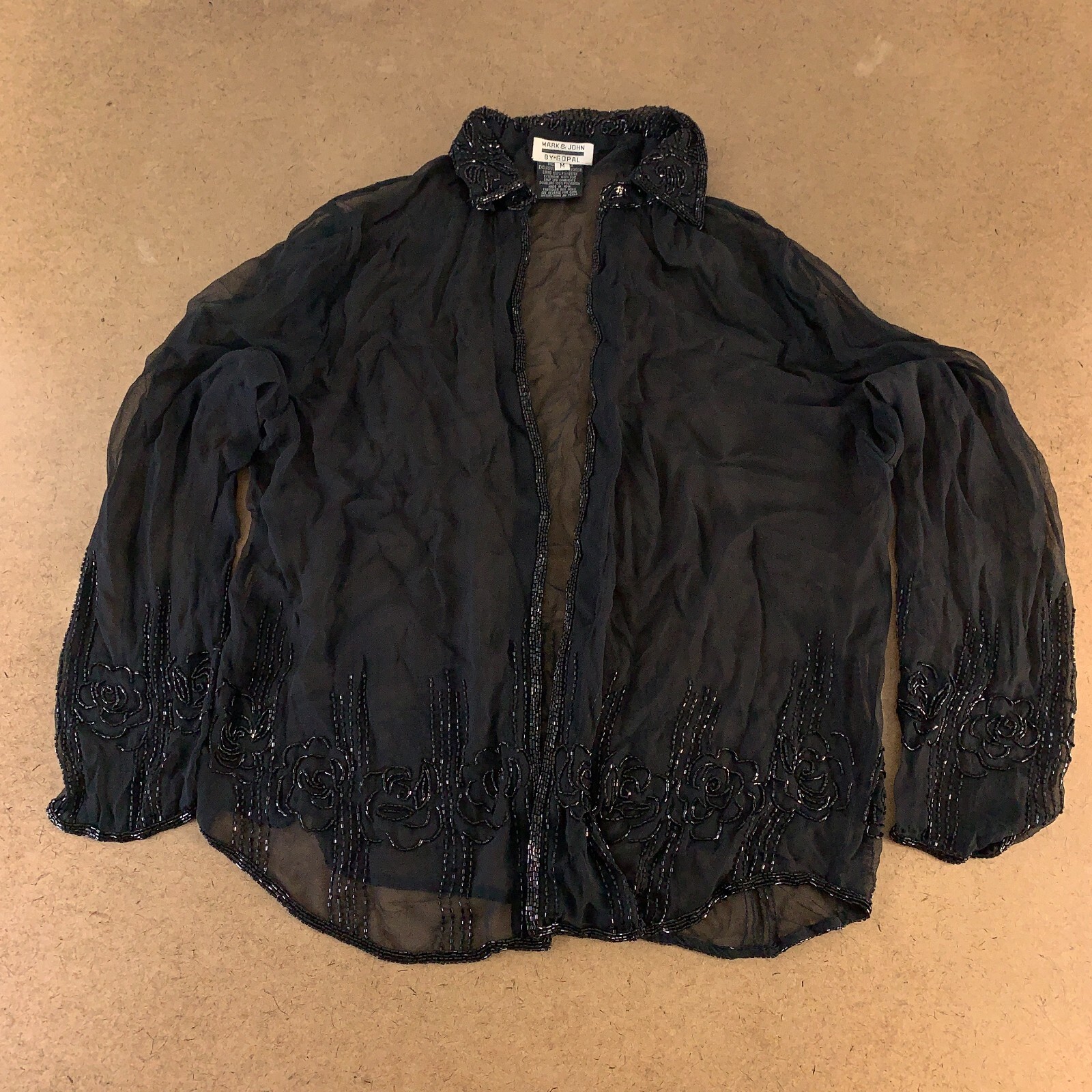 Mark & John Women's Medium Black Sheer Silk Beaded Trim Long Sleeve Blouse