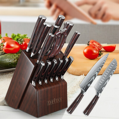 Knife Set, 15-Piece Kitchen Knife Set with Block Wooden Japanese Stainless Steel
