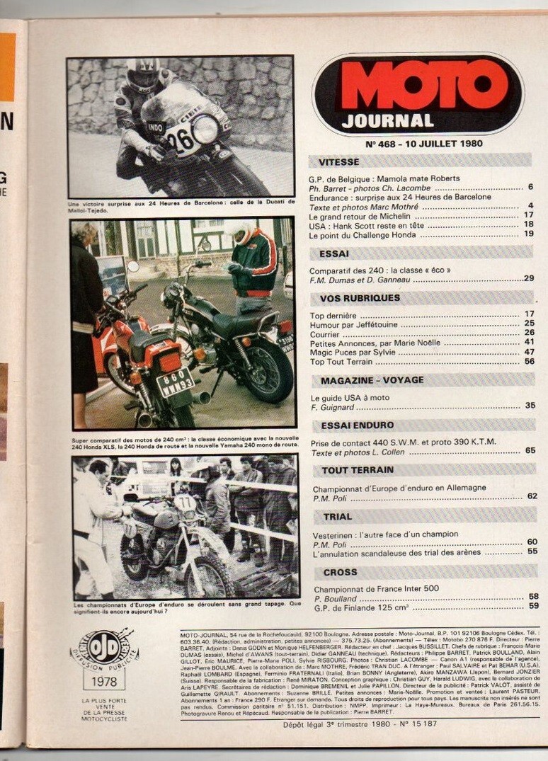 MOTO JOURNAL N°389 Sonic Intercom / Allum. Electro. / 250 Bultaco Alpina EUR 3,00 - FR