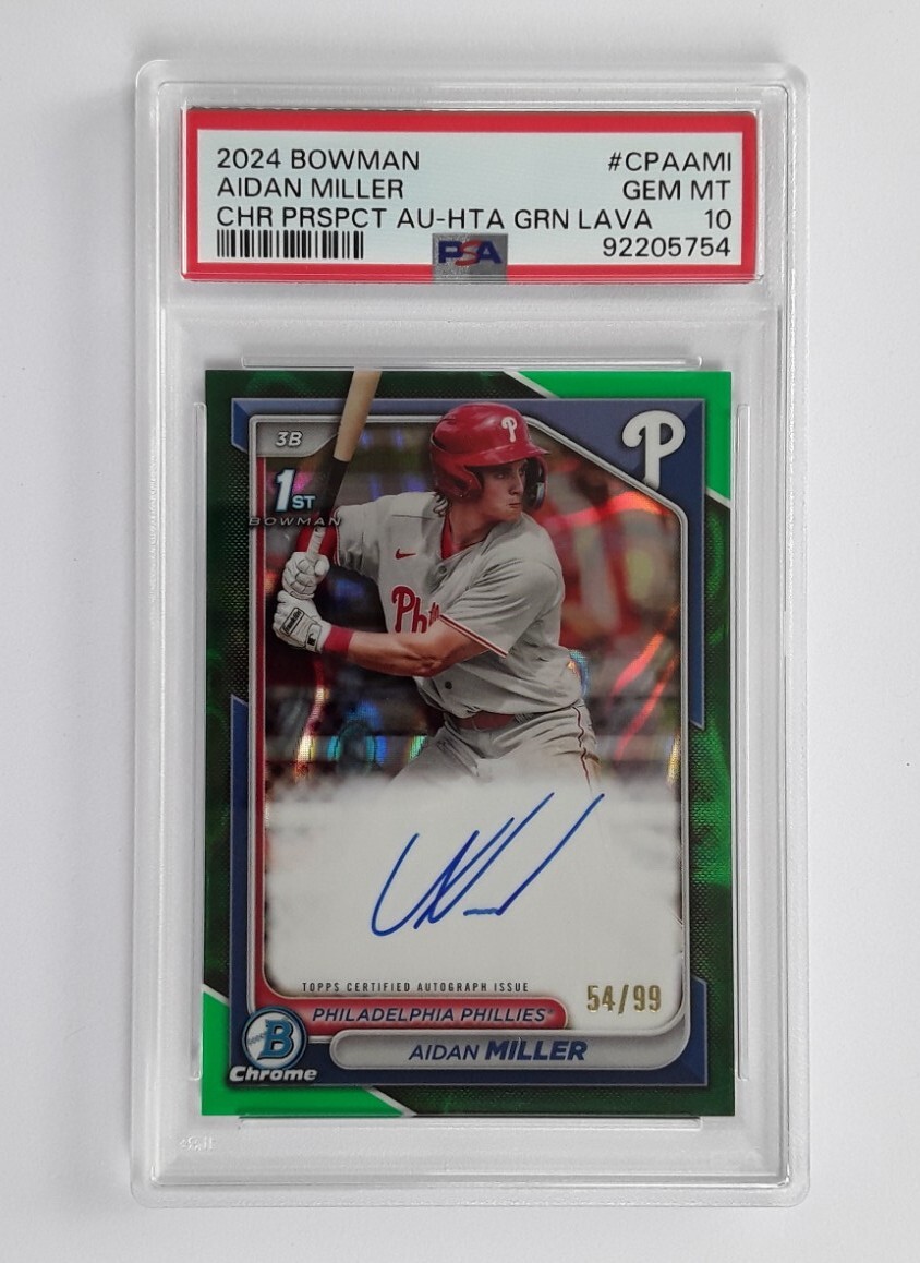 AIDAN MILLER - 2024 Bowman 1st Chrome Green Lava Refractor #/99 , PSA 10 , Auto