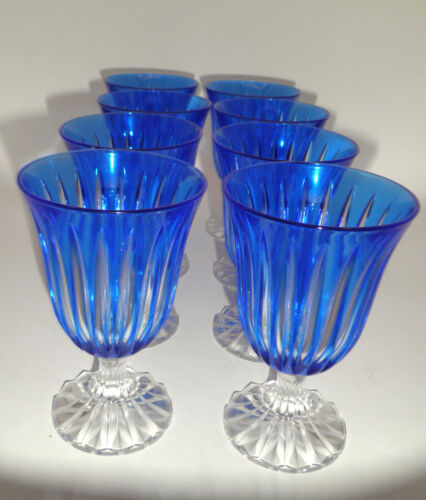 AJKA cobalt blue cut to clear iced tea water goblets 8 pcs Bohemian - Picture 2 of 9