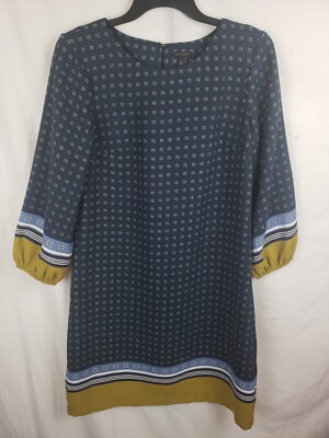 Ann Taylor Navy and Yellow Long Sleeve Knee Length Dress Sz 4