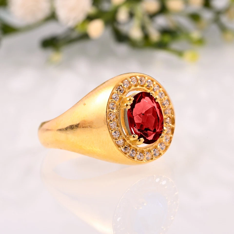 Anillo hecho a mano de granate marrón natural para regalo de boda de oro amarillo macizo de 14K para hombre. Foto 3 de 3