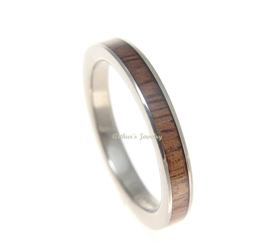 ANILLO DE BODA DE MADERA KOA HAWAIANO CON INCRUSTACIÓN GENUINA TITANIO 3 MM TAMAÑO 3-14 Foto 4 de 4