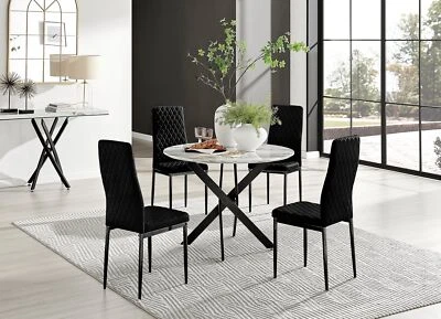 Novara White Marble Black Leg Round Dining Table & 4 Velvet Milan Black Leg Cha