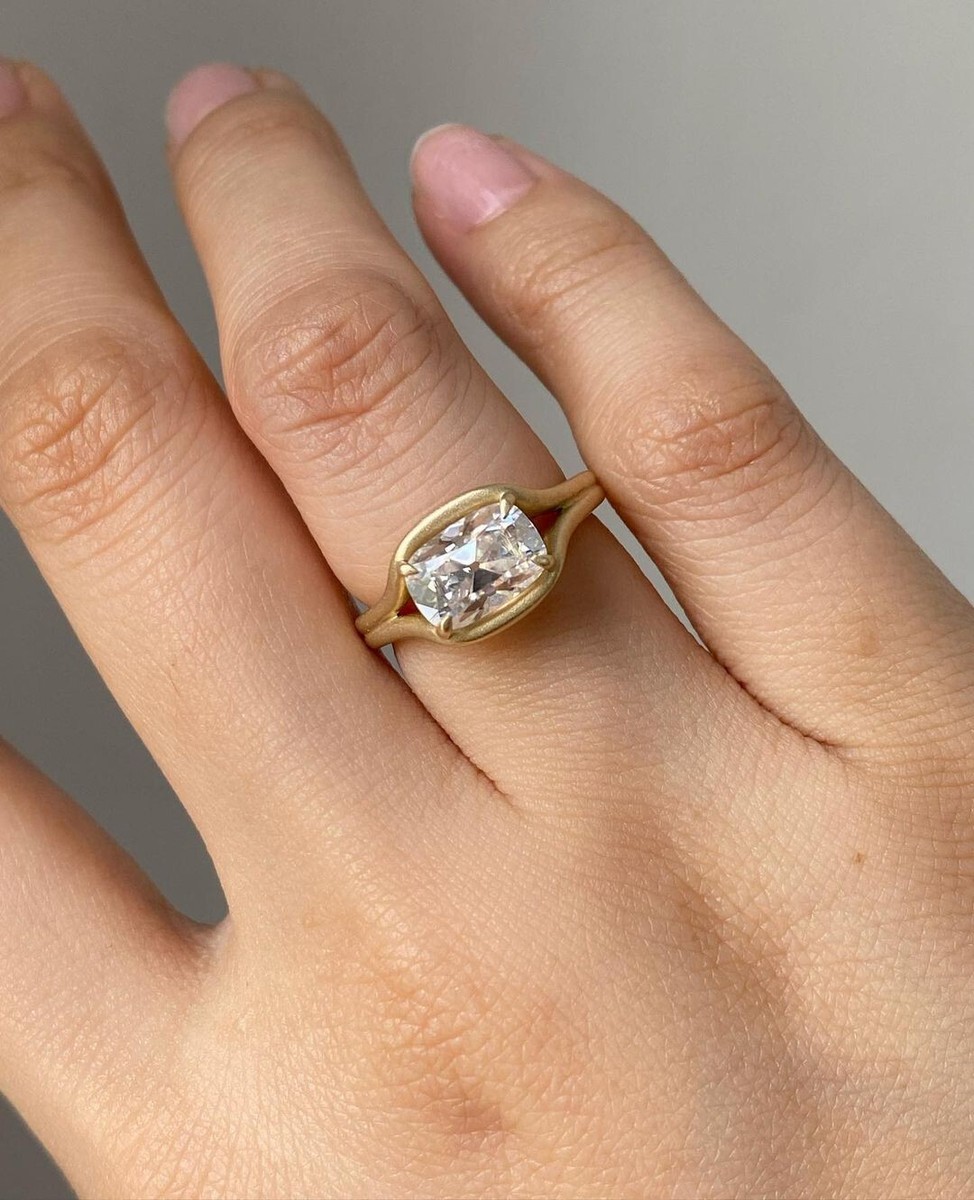 East West Elongated Cushion Cut 2CT Moissanite Double Split Shank 10K Gold  Ring