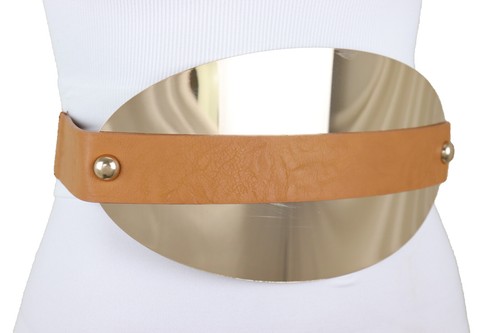 Women Brown Elastic Wide Hood Street Look Fashion Belt Oval Gold Metal Plate S M - Picture 8 of 12