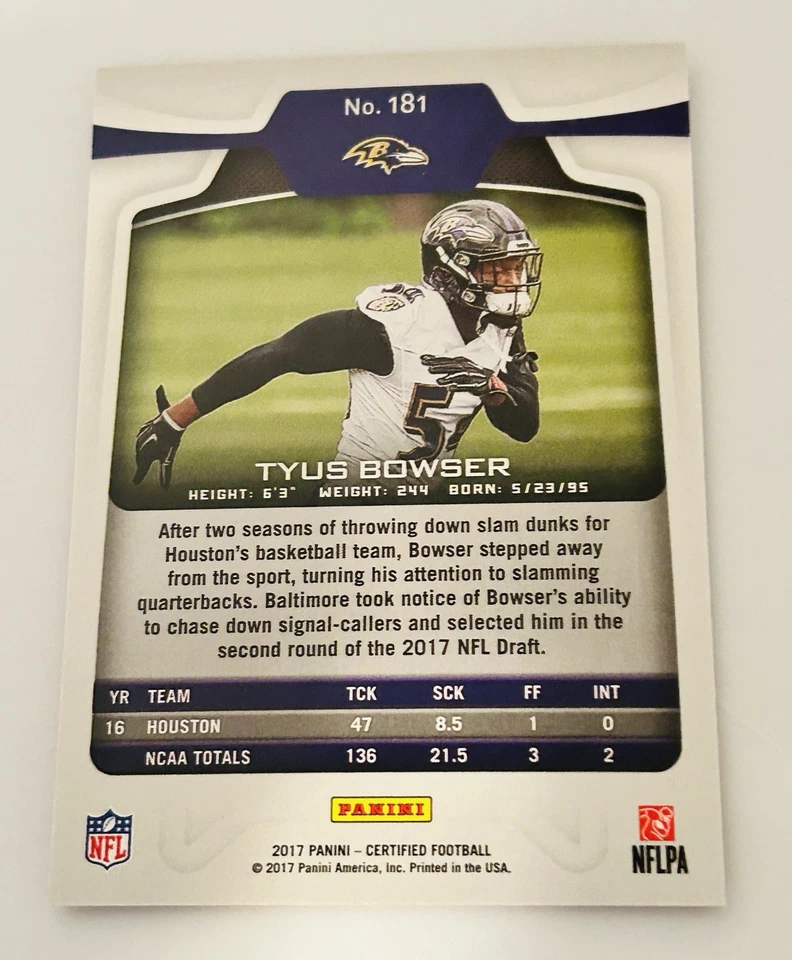 2017 Certified Football Red Tyus Bowser RC 23/99 #181 - Image 2 of 3