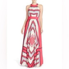 Eliza J Scarf Print Crepe de China Fit & Flare Maxi Dress Size 10 Pink Cream