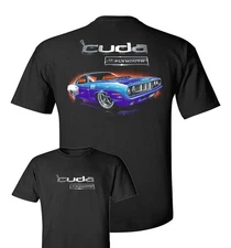 Black T-Shirt w Blue 1971 Plymouth Cuda & Logo Emblem