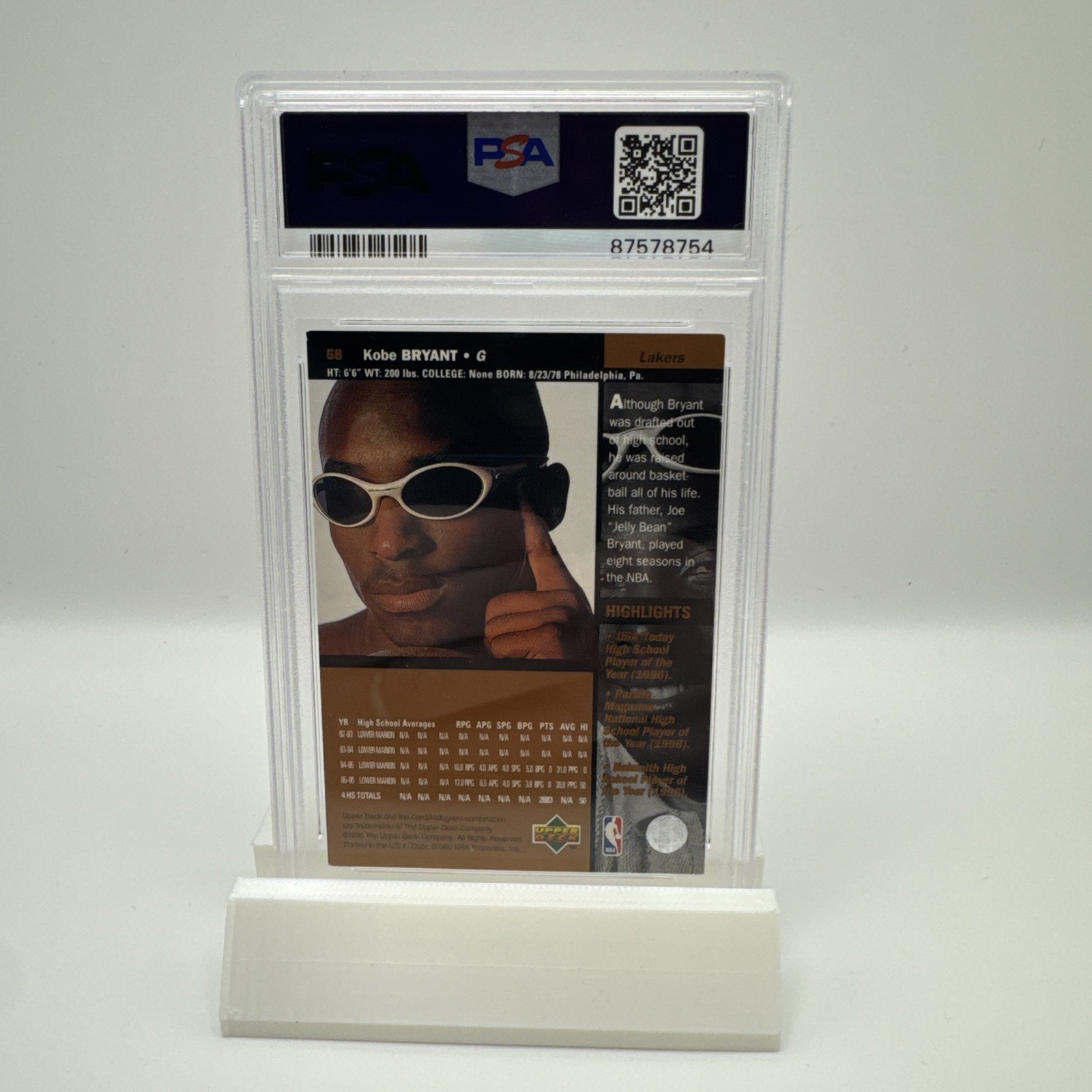1996 Upper Deck #58 Kobe Bryant Rookie PSA 7 Vintage RC Basketball Card view 2