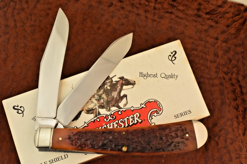 CUCHILLO TRAMPERO PLÁTANO JUMBO HUESO NARANJA WINCHESTER HECHO EN EE. UU. BONITO 1994 (27676) Foto 2 de 4