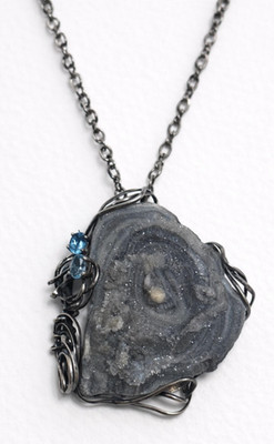 Vintage 925 Sterlingsilber Druzy Anhänger Halskette 23'' mit Blautopas Akzenten