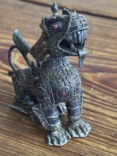 Vintage Tibetan Jeweled Turquoise & Coral Filigree  Snow Lion 3” Snuff Bottle