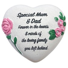 Memorial Heart Plaque with Flower Diamantes and Wording Polyresin - Mum and Dad