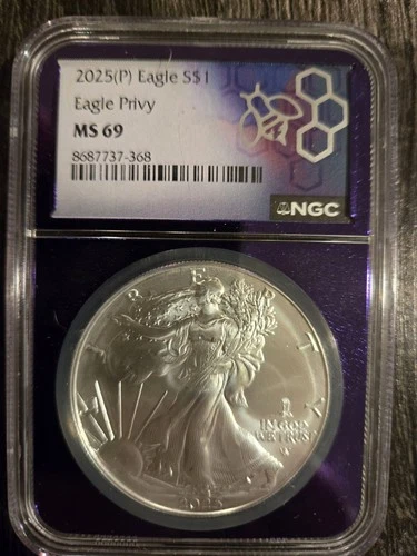 2025 (P) Silver Eagle with Eagle Privy NGC MS69 Purple Core