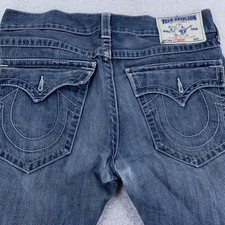 True Religion Jeans Mens ACTUAL 34x27 Straight Leg Denim Flap Pockets Distressed