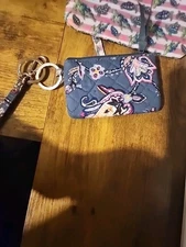 Vera Bradley FLORAL GRAY  Zipper Pouch For Coin ,Card &  Id Slot  With  Lanyard