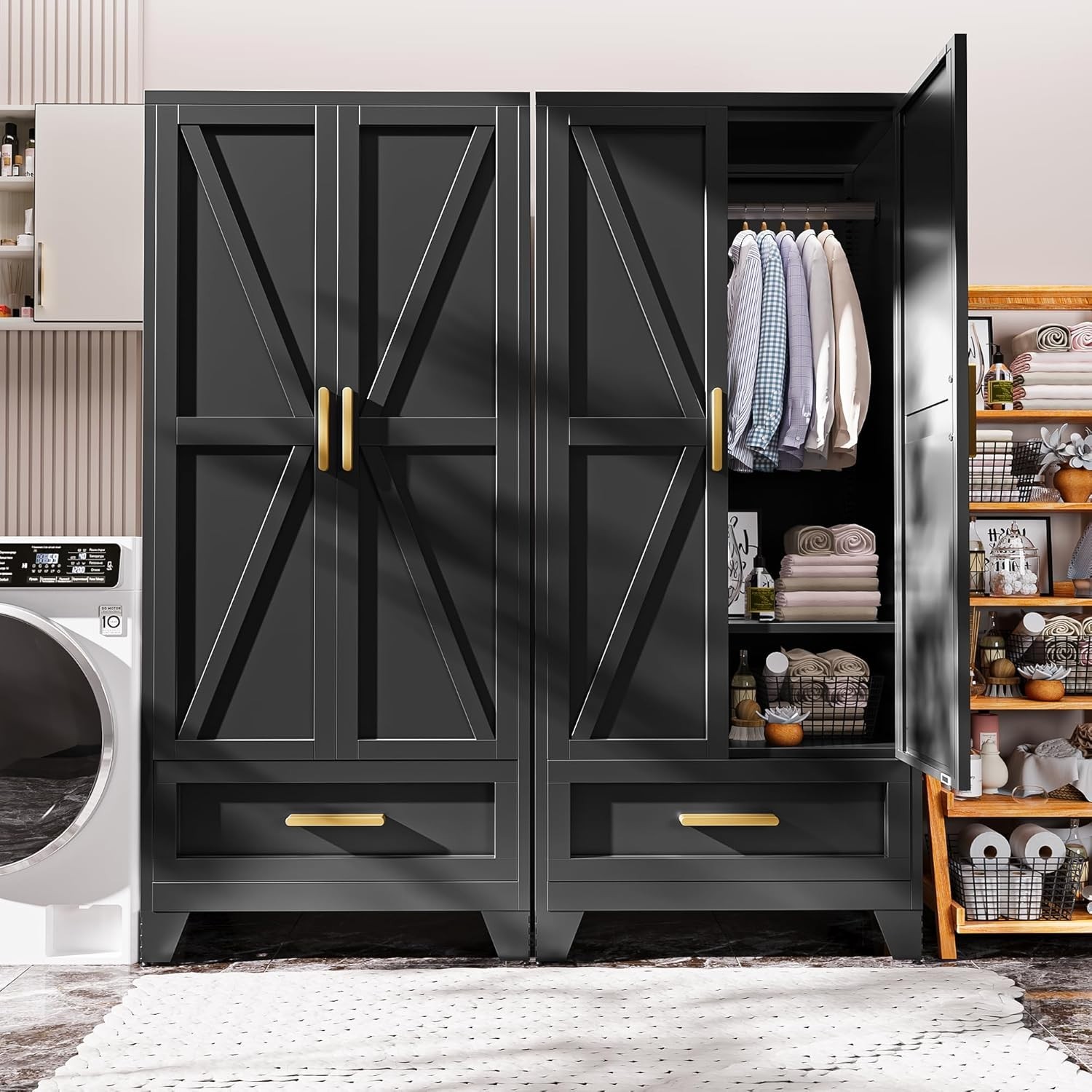 71"Farmhouse Metal Armoire Wardrobe Cabinet With Drawers,Hanging Rod For Bedroom