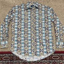Vtg Wrangler Pearl Snap Shirt Men Med Blue Checotah Western Aztec Cowboy Rodeo