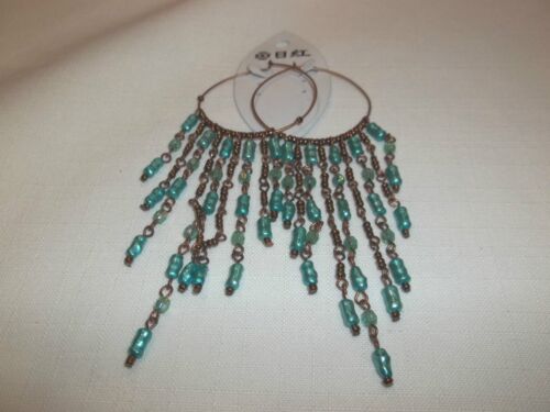 NEW B & I GOLD TONE CHAIN WITH TURQUOISE BEADS PIERCED EARRING... ...PRETTY - Picture 2 of 2