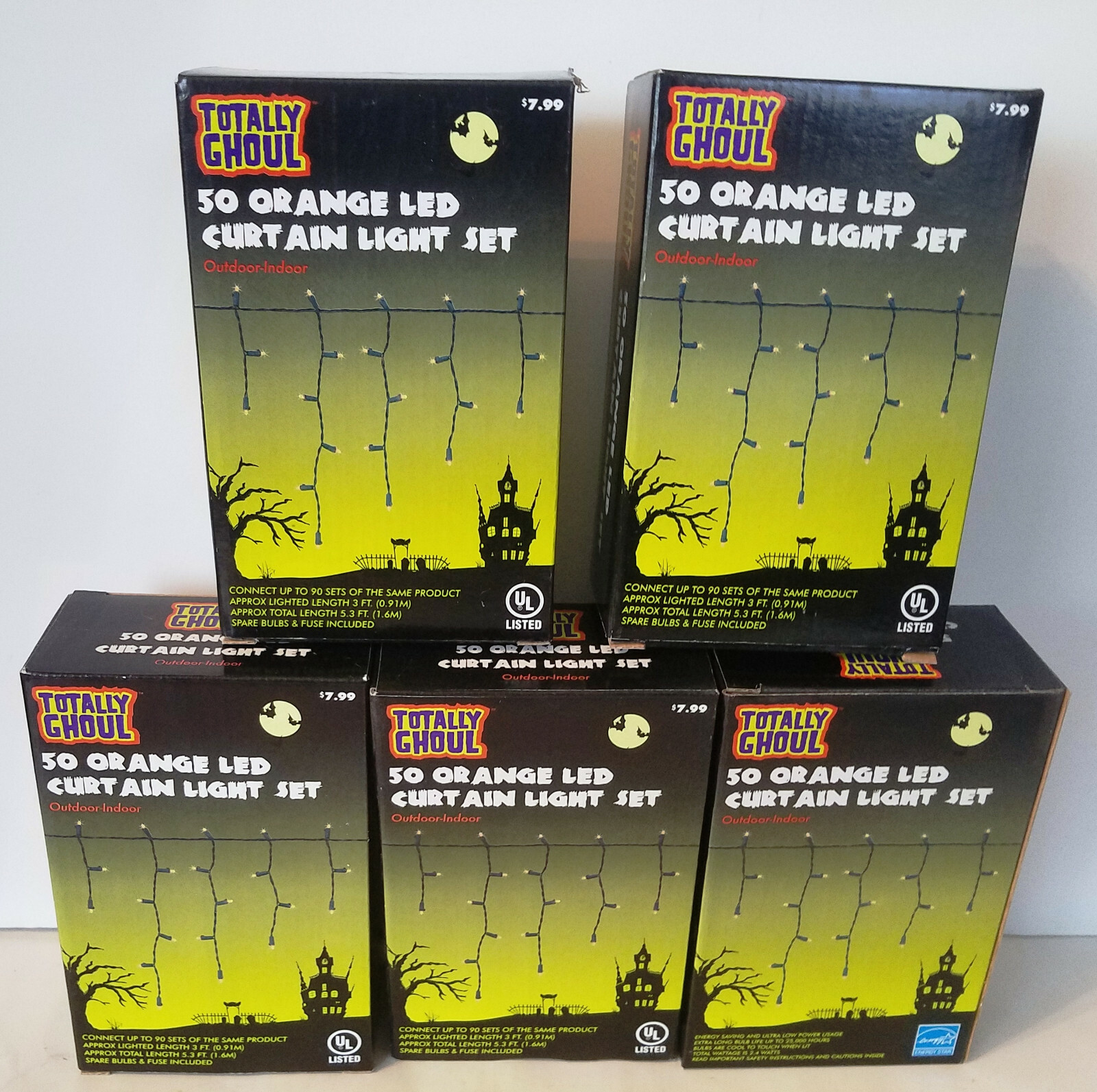 Lot Of 5 Totally Ghoul Halloween Orange Curtain Light Set 50 Lights