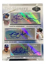 2007 Topps Triple Signers. Justin Morneau, Nick Swisher, Adrian Gonzalez.