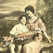 Vintage RPPC Postcard Adorable French Boy & Mother Fish April Fools Stamp