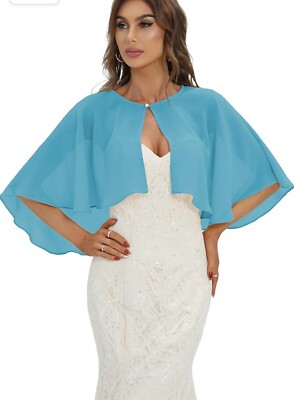 Damen Abend blau Cape Chiffon Tücher vorne offen Hochzeit Bolero