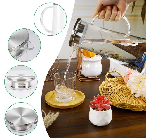 1.5L Glaskaraffe Karaffe Deckel mit Filter Saft Wasser Krug Kanne Edelstahl - Bild 2 von 9