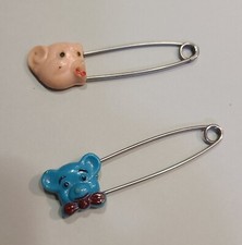 2 Vintage Diaper Pins Gerber Blue Teddy Bear Unmarked Pink Piggy Silvertone