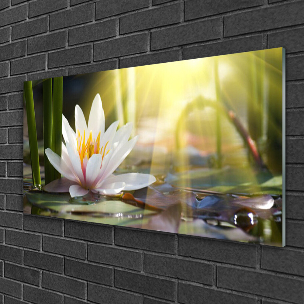 Tableau sur verre impression 100x50 floral eau fleur pour cadre mural déco de chambre et salon