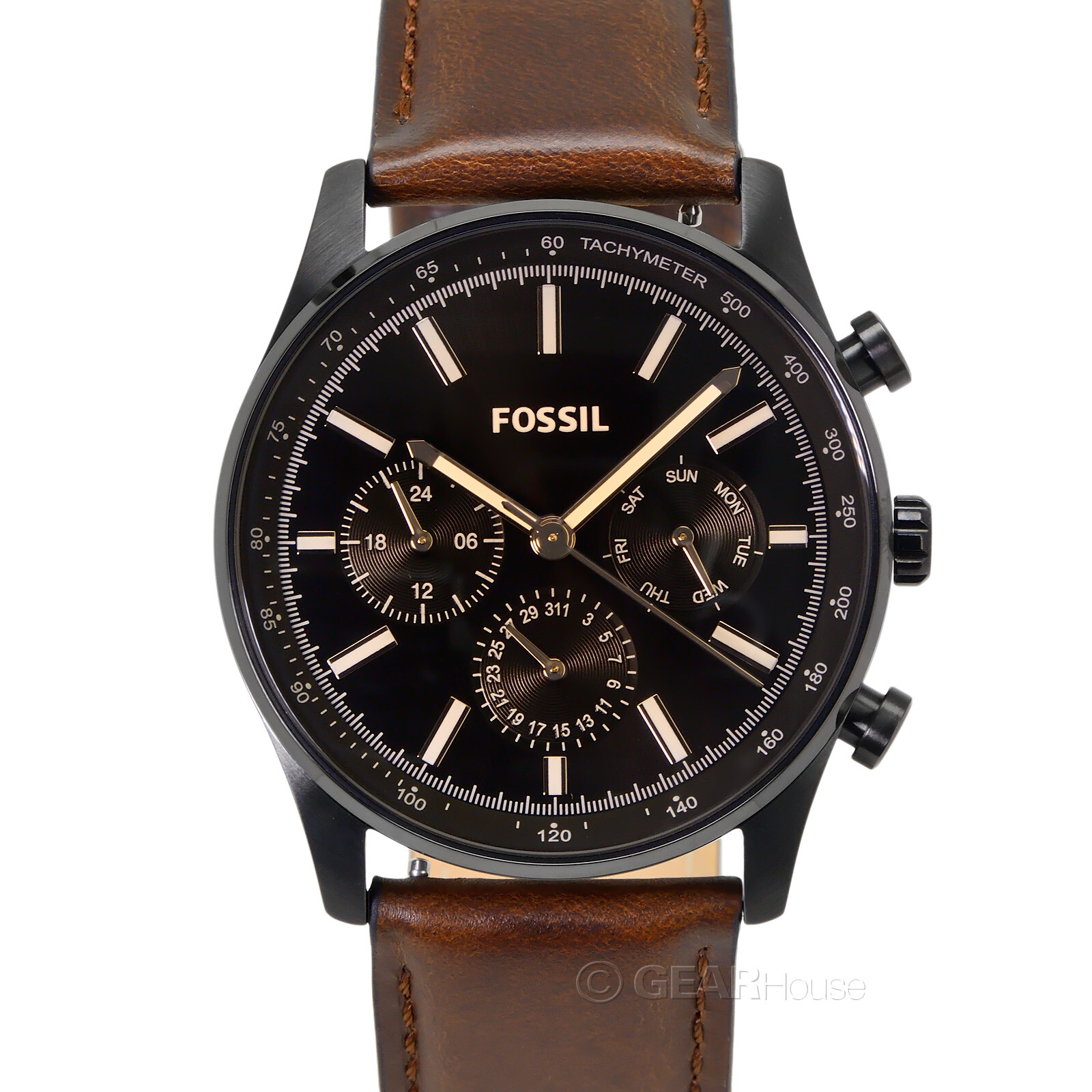 FOSSIL Sullivan Mens Multifunction Watch, Black Dial Day Date Brown Leather Band