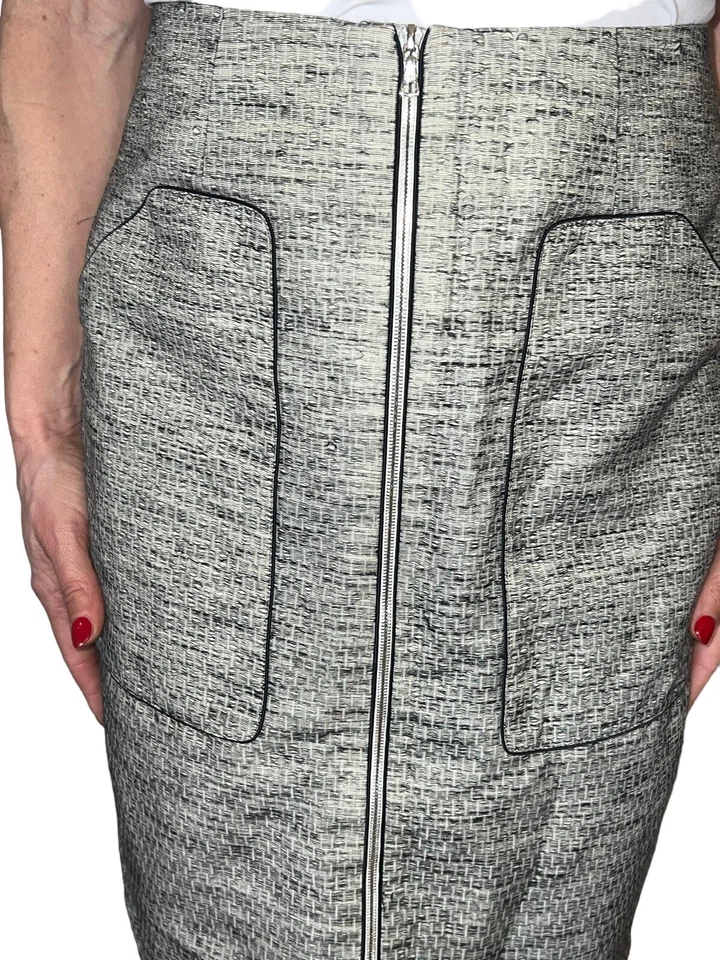 Womens Lela Rose Skirt Linen Straight Pencil Leather Hem Black White Front Zip - Image 3 of 4