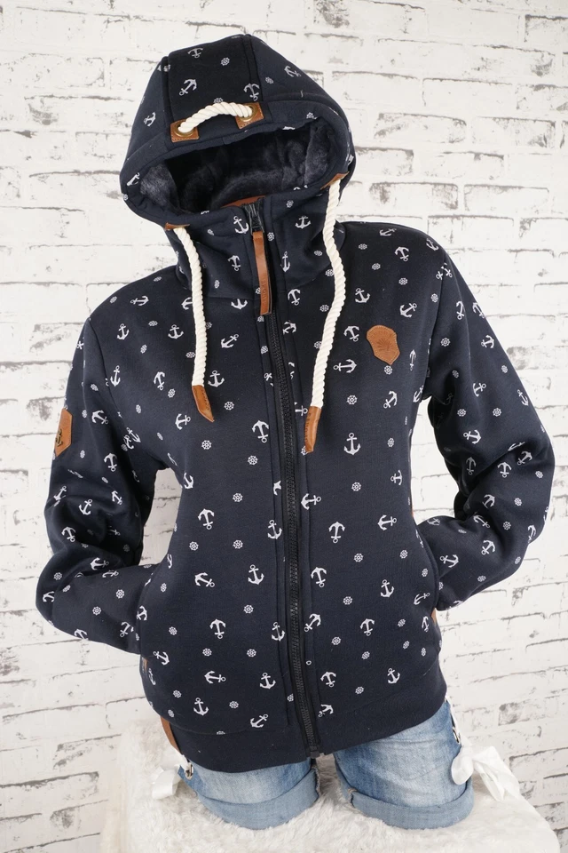 Damen Sweat Jacke Hoodie Kapuze dick gefüttert Teddyfell Futter Anker M - 3XL - Bild 2 von 4