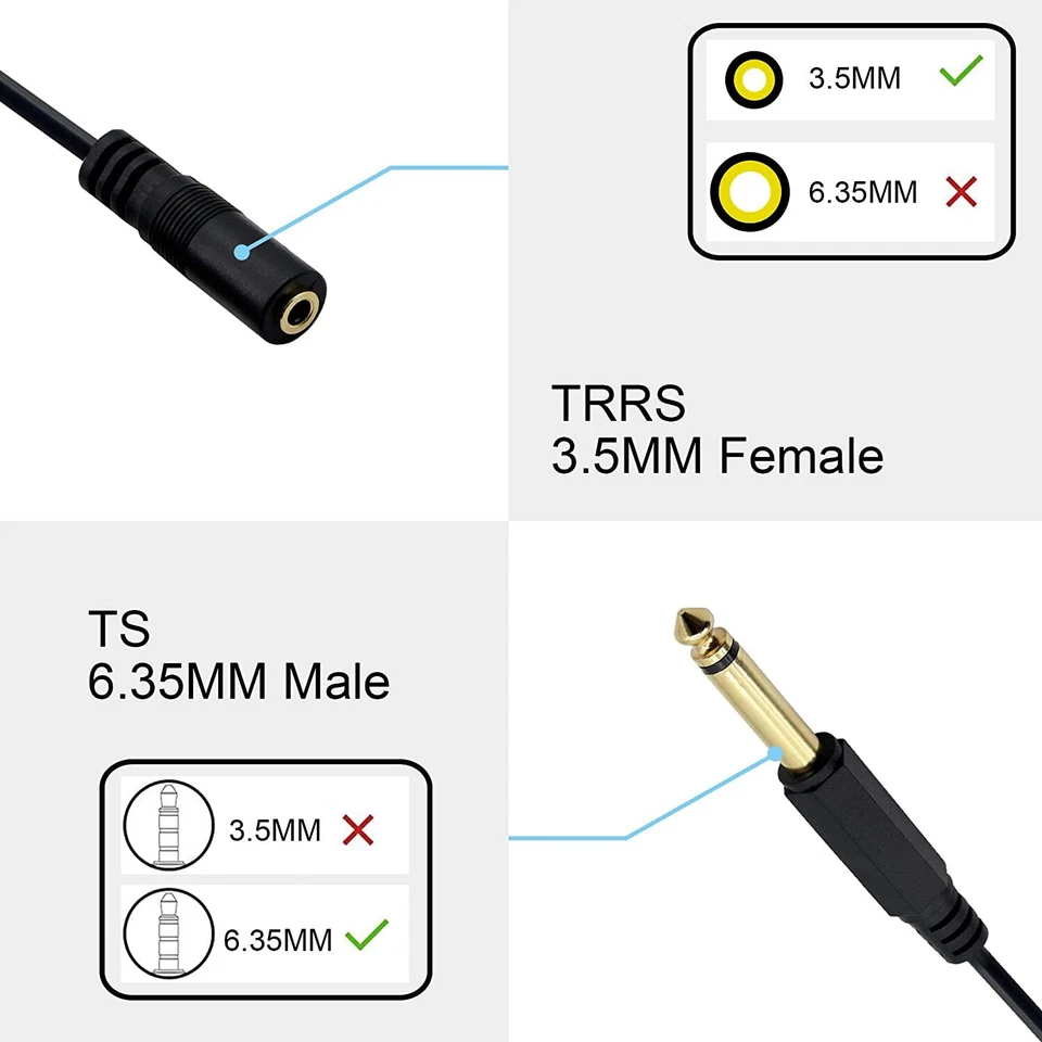 6.35mm 1/4" TS Male Mono to 3.5mm 1/8" TRRS Female Stereo Audio Adapter Cable - Image 4 of 4